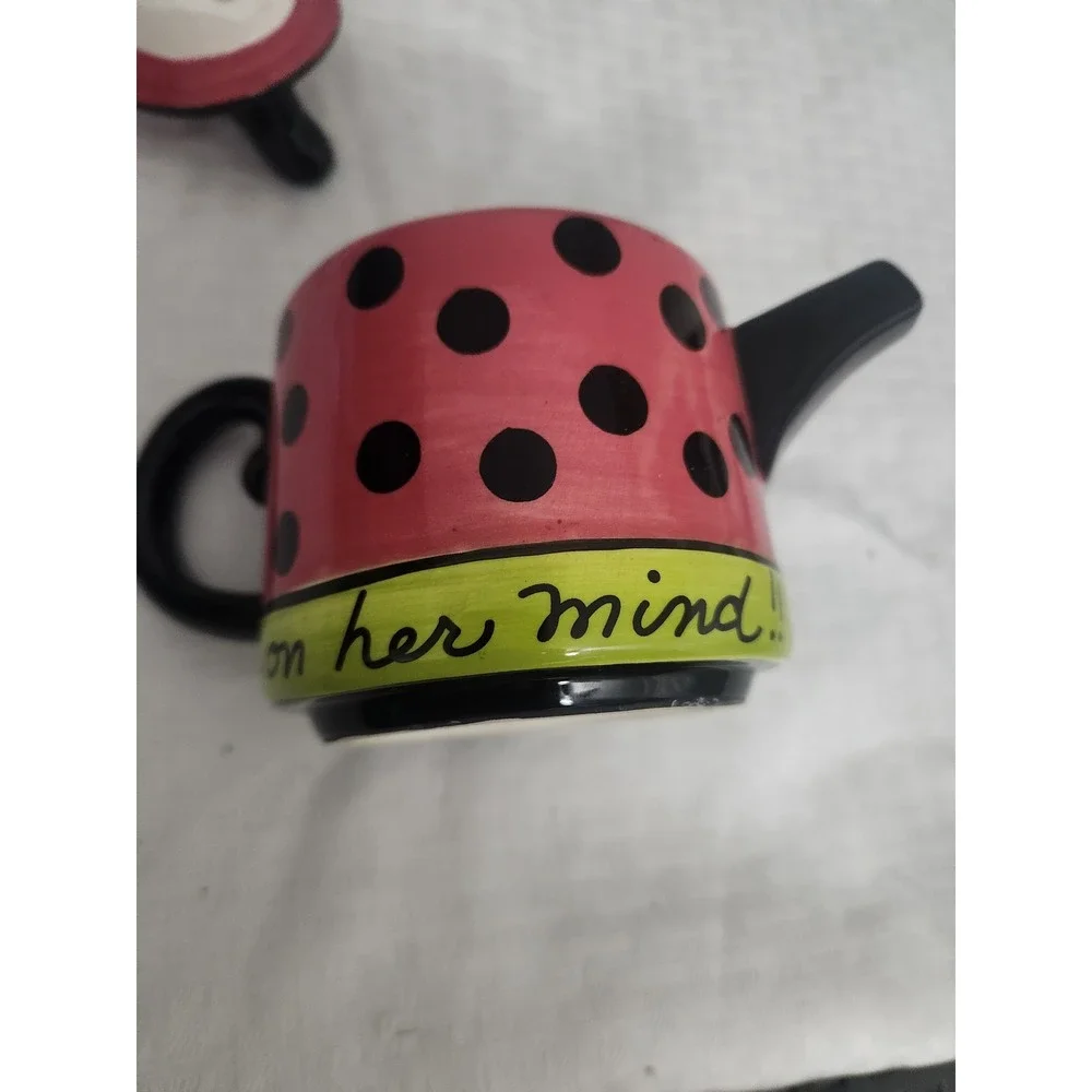 Vintage Novelty Mini Teapot Pink Polka Dot High Heel Shoe Finial Decorative